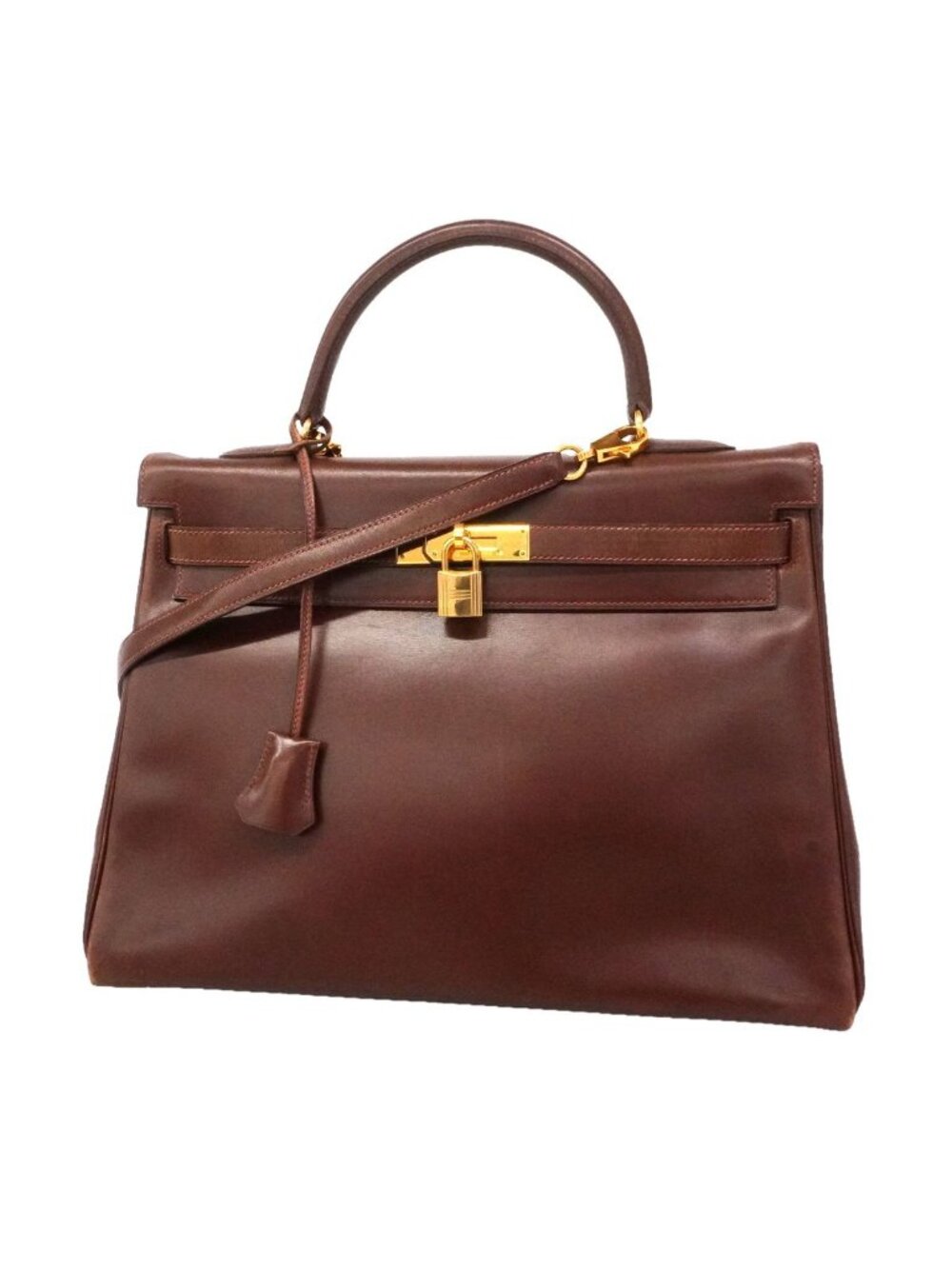 Hermes Handbag Kelly 35 Box Calf Noisette Gold 2-Way Bag